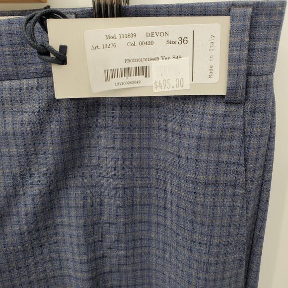 New Zanella Devon Flat Front Wool Serge Trouser Dress Pants Blue Plaid Size 36 - Picture 3 of 4